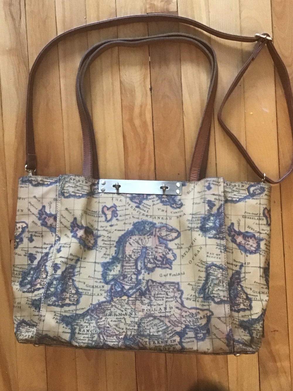 Patricia Nash Vintage Map Tote in Beige and Brown with Blue Accents